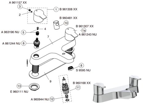 Ideal Standard Calista two taphole deck mounted dual control bath filler (B1151AA) spares breakdown diagram