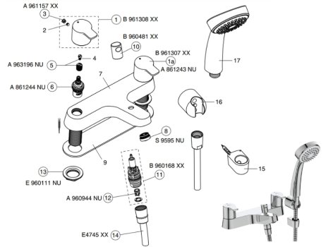 Ideal Standard Calista two taphole deck mounted dual control bath shower mixer (B1152AA) spares breakdown diagram