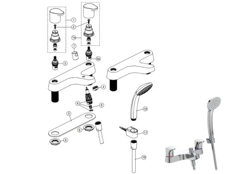 Ideal Standard Cerabase dual control bath filler with shower set (BD058AA) spares breakdown diagram