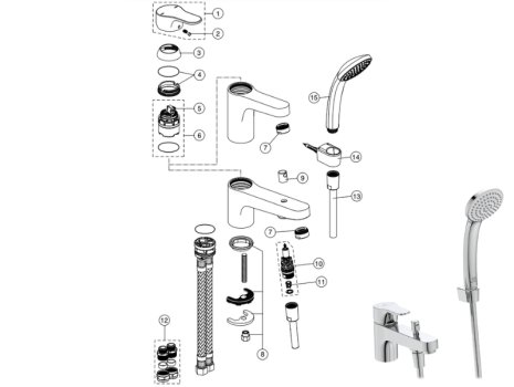 Ideal Standard Cerabase single lever bath shower mixer with shower set (BD056AA) spares breakdown diagram