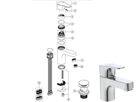 Ideal Standard Cerabase single lever mini basin mixer (BD454AA) spares breakdown diagram