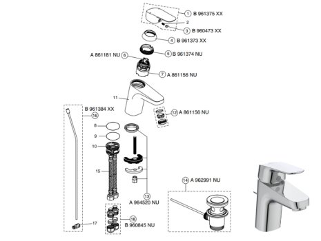 Ideal Standard Ceraflex single lever basin mixer with pop-up waste (B1811AA) spares breakdown diagram