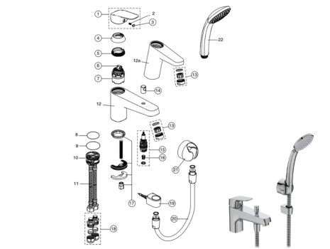 Ideal Standard Ceraflex single lever one hole bath shower mixer (B1960AA) spares breakdown diagram
