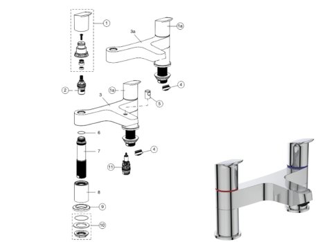 Ideal Standard Ceraflex two hole deck mounted dual control bath filler (B1824AA) spares breakdown diagram