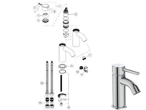 Ideal Standard Ceraline mini single lever basin mixer - no waste (BC185AA) spares breakdown diagram