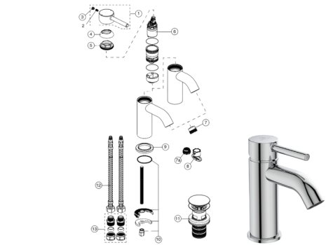 Ideal Standard Ceraline single lever basin mixer with clicker waste (BC186AA) spares breakdown diagram
