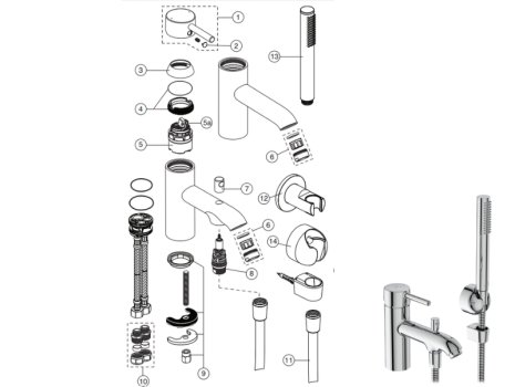 Ideal Standard Ceraline single lever one hole bath shower mixer (BC191AA) spares breakdown diagram