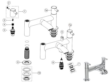 Ideal Standard Ceraline two taphole dual control bath filler (BC188AA) spares breakdown diagram