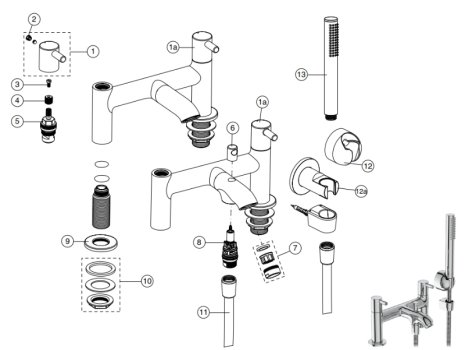 Ideal Standard Ceraline two taphole dual control bath shower mixer (BC189AA) spares breakdown diagram