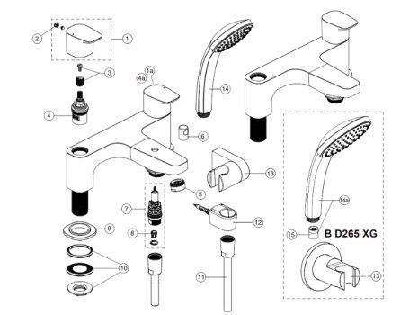 Ideal Standard Ceraplan dual control bath shower mixer with shower set (BD265AA) spares breakdown diagram