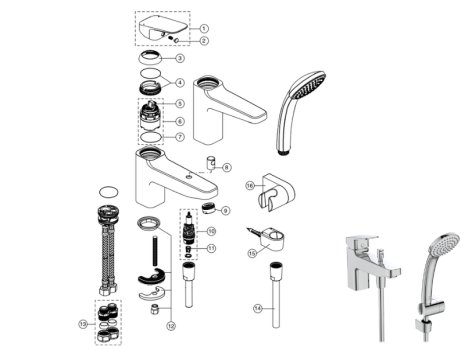 Ideal Standard Ceraplan single lever bath shower mixer with shower set (BD267AA) spares breakdown diagram