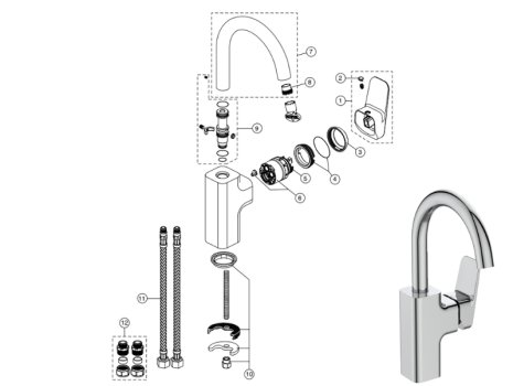 Ideal Standard Ceraplan single lever high spout basin mixer (BD245AA) spares breakdown diagram