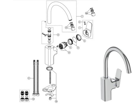 Ideal Standard Ceraplan single lever high tubular spout kitchen mixer (BD336AA) spares breakdown diagram