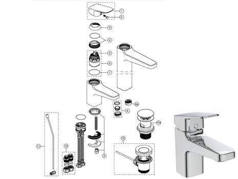 Ideal Standard Ceraplan single lever mini basin mixer (BD208AA) spares breakdown diagram