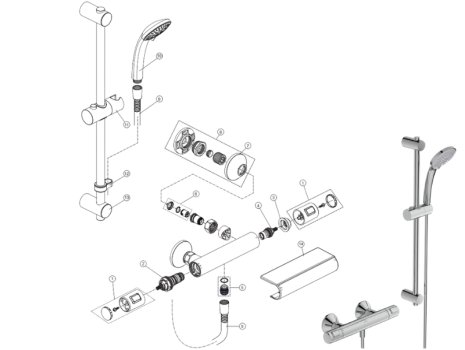 Ideal Standard  Ceratherm T25 exposed thermostatic shower mixer pack with idealrain S3 3 function ø (A7205AA) spares breakdown diagram