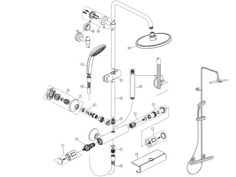 Ideal Standard Ceratherm T25 exposed thermostatic shower system with Idealrain 200mm round rainshowe (A7209AA) spares breakdown diagram