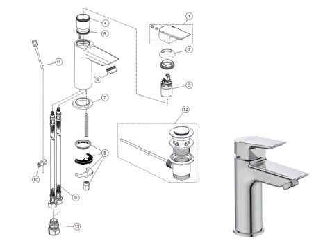 Ideal Standard Tesi single lever basin mixer no waste (A6587AA) spares breakdown diagram