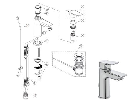 Ideal Standard Tesi single lever basin mixer with pop-up waste (A6592AA) spares breakdown diagram