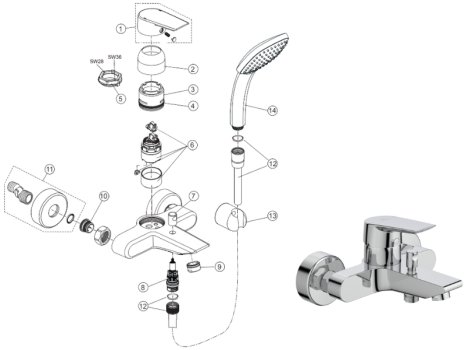 Ideal Standard Tesi single lever exposed wall mounted bath shower mixer (A6583AA) spares breakdown diagram