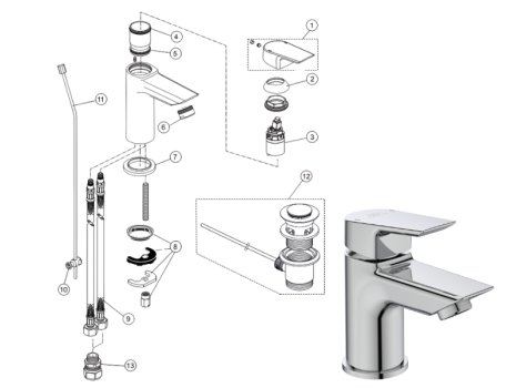 Ideal Standard Tesi single lever mini basin mixer no waste (A6588AA) spares breakdown diagram