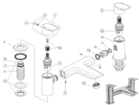 Ideal Standard Tesi two hole dual control bath filler (A6590AA) spares breakdown diagram