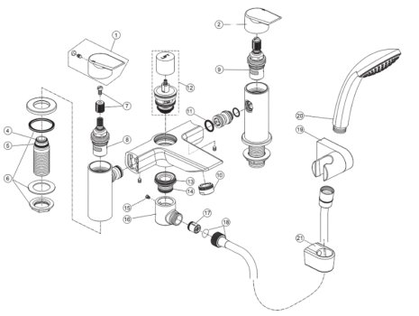 Ideal Standard Tesi two hole dual control bath shower mixer with shower set (A6591AA) spares breakdown diagram