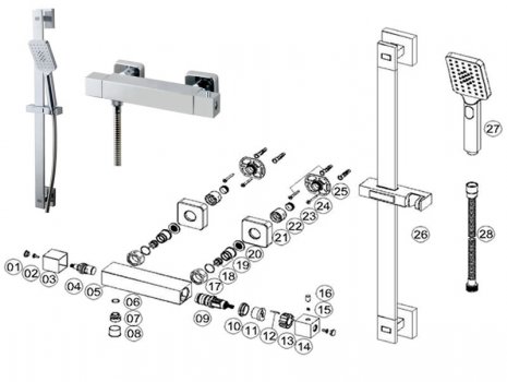 iflo Piddington Thermostatic Bar Mixer Shower - Chrome (506015) spares breakdown diagram