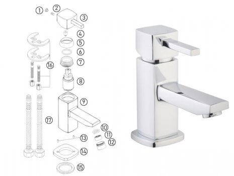 iflo Reno Mini Basin Mixer - No Waste - Chrome (295576) spares breakdown diagram