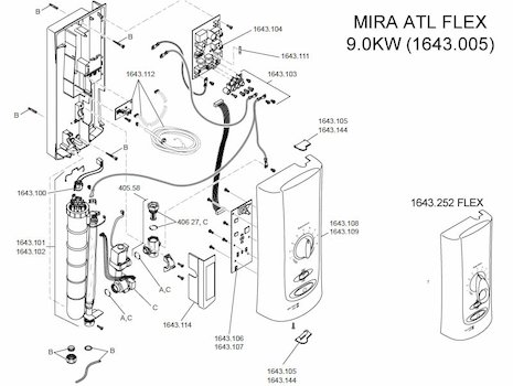 Mira Advance ATL Flex Thermostatic Electric Shower 9.0kW - White/Chrome (1.1643.005) spares breakdown diagram