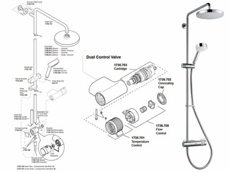 Mira Agile ERD Thermostatic bar mixer shower with Diverter - chrome - up to Feb 19 (1.1736.403) spares breakdown diagram