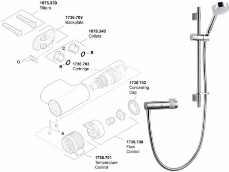 Mira Agile EV Dual Thermostatic Bar Mixer Shower - Chrome (1.1736.402) spares breakdown diagram