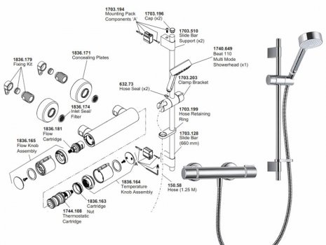 Mira Atom EV bar mixer shower - Mk 3 - (04/2012- current) (1836.002) spares breakdown diagram