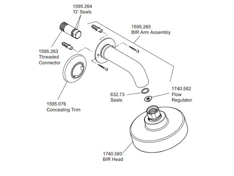 Mira Beat 90mm fixed shower head and arm chrome (1.1740.578) spares breakdown diagram
