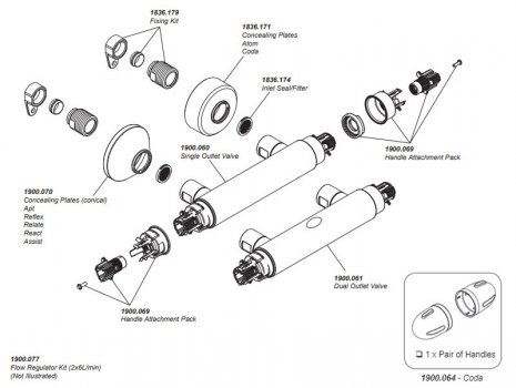 Mira Coda Pro EV MK4 thermostatic bar mixer shower - chrome spares breakdown diagram