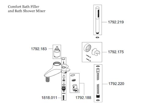 Mira Comfort bath/shower mixer (2.1818.005) spares breakdown diagram