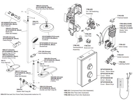 Mira Decor Dual Outlet Electric Shower - 10.8kW - Black Onyx (41522W-BL) spares breakdown diagram