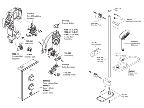 Mira Decor Electric Shower 8.5kW - Black Onyx (1.1894.004) spares breakdown diagram