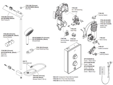 Mira Decor Single Outlet Electric Shower - 10.8kW - Bronze (41520W-BZ) spares breakdown diagram