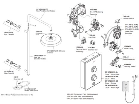 Mira Decor Single Outlet Overhead Electric Shower - 9.5kW - Warm Silver (41523W-SL) spares breakdown diagram