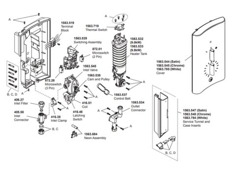 Mira Escape Plus Thermostatic Electric Shower 9.0kW - White (1563.774) spares breakdown diagram