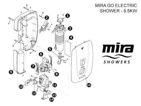 Mira Go MK1 Electric shower (1998-2003) - 8.5kW spares breakdown diagram