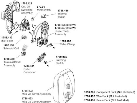 Mira Go MK4 Electric Shower (03/2014 onwards) spares breakdown diagram