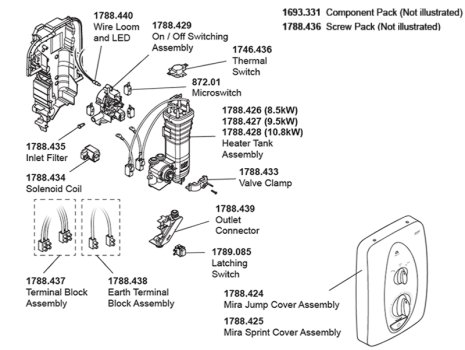 Mira Jump MK2 Multi-Fit Electric Shower 8.5kW - White/Chrome (1.1788.010) spares breakdown diagram