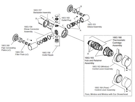 Mira Miniduo EV Thermostatic Mixer Shower - Chrome (1.1663.004) spares breakdown diagram