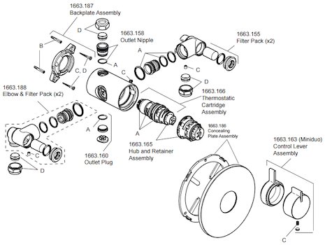 Mira Miniduo with Eco shower head BIV (1.1663.242) spares breakdown diagram