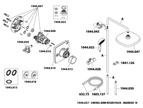 Mira Opero Dual Thermostatic Mixer Shower - Matt Black (1.1944.004) spares breakdown diagram