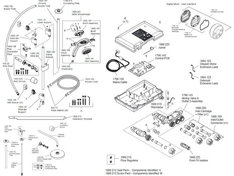 Mira Platinum Dual Ceiling Fed Digital Shower - High Pressure (1.1796.001) spares breakdown diagram