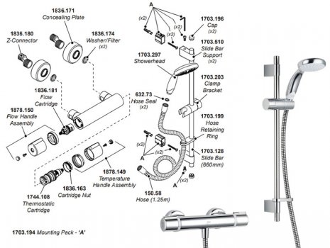 Mira Reflex EV MK1 bar shower mixer - chrome (2.1878.003) spares breakdown diagram