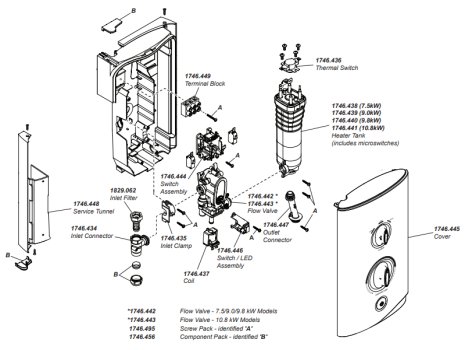 Mira Sport Manual Dual Outlet Electric Shower - 9.8kW (1.1746.825) spares breakdown diagram