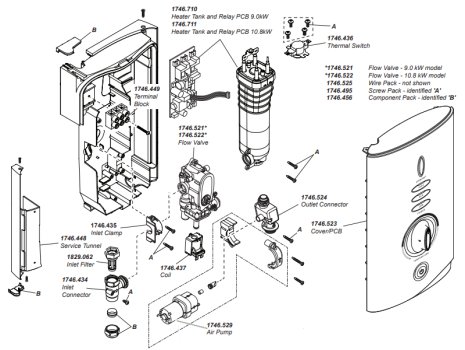 Mira Sport Max Dual Outlet Electric Shower - 10.8kW (1.1746.830) spares breakdown diagram